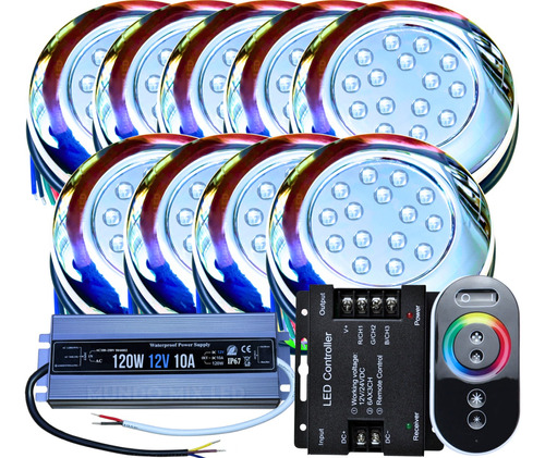 Kit 09 Leds Piscina 15w Rgb + 1 Touch + 1 Fonte Ip68 + Rosca