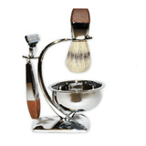 Set De Barbero Metal Madera Brocha Jabonera Afeitadora B7480