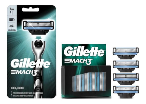 Kit Gillette Mach 3 Aparelho Recarregável + 4 Refis