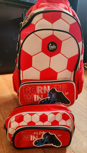 Duo Mochila Footy Carrito 18 + Cartuchera Juego Futbol Rojo