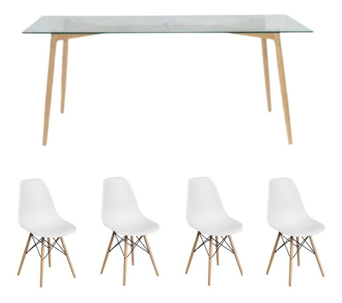 Mesa Pop Vidrio De Comedor 120x80 + 4 Sillas Eames Blancas