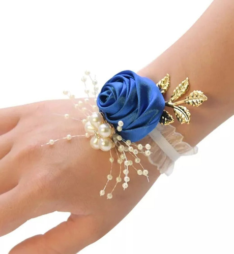 Pulsera Flor Rosa Corsage Damas Honor Novias Muñeca Azul Rey