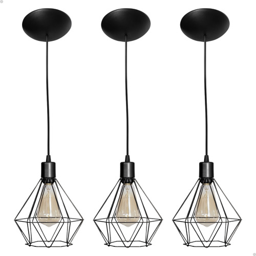Kit 3 Luminária Pendente Aramado Diamante Preto Cabo Preto