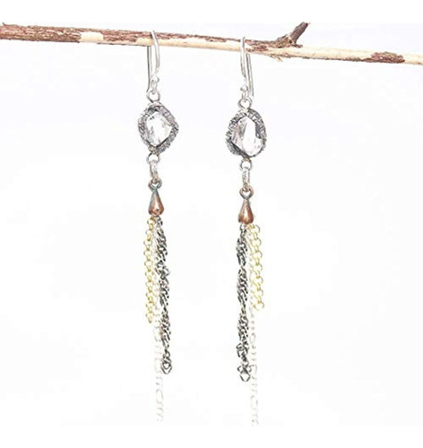 Cristal De Cuarzo Earringsclear En Bisel Plateado Con Cadena