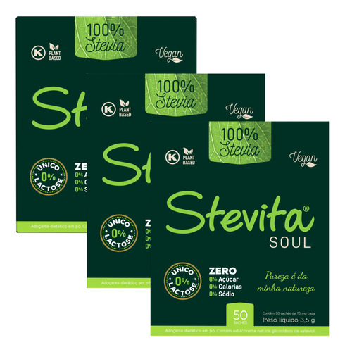 Kit 3 Adoçante Stevia Diatético Vegano 50 Sache Stevita 70mg