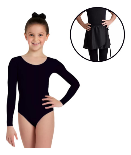 Collant Colan Body Ballet Balé Uniforme Manga Longa + Saia