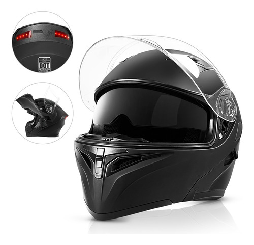 Casco Abatible Moto Certificado Dot Luz Led Negro Mate