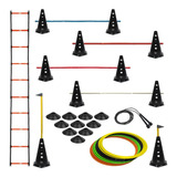 Escada De Agilidade  + 10 Pratos Funcionais + 10 Cones C/ 5 Barreiras + Argolas Com Bolsa + 1 Corda De Pular