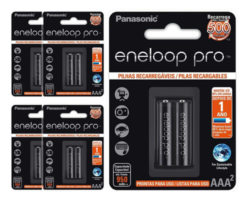 10 Pilhas Recarregaveis Eneloop Pro Aaa Panasonic-5 Cartelas