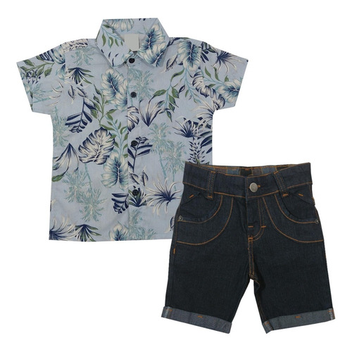 Camisa Social Infantil Masculino E Bermuda Jeans Menino