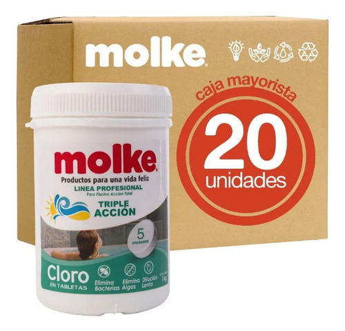 Caja 20 Kg Cloro Triple Acción Molke Para Piscinas. Potes 1k