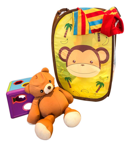 Cesto Organizador Infantil Roupa Multiuso Dobrável Brinquedo Cor Amarelo Macaquinho
