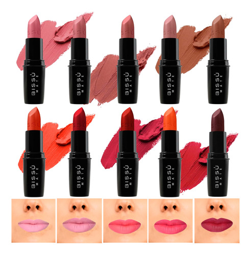 Kit Set 10 Labiales Mate Bissu Tonos Cafés Rojos