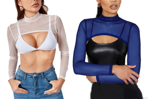 Croptop De Mesh / Malla Transparente Manga Larga (kit 2 Pzs)