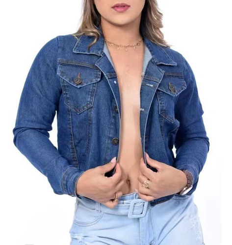 Jaqueta Jeans Curta Feminina Rasgada Botões Casaco Moda