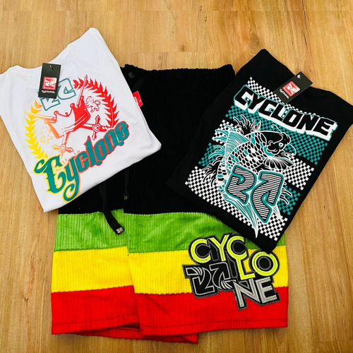 Kit Bermuda Cyclone Veludo Do Reggae + 2 Camisetas Chave