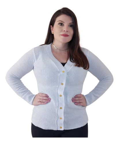 Sueter Cardigan Aberto Feminino Tricot Manga Longa Botão