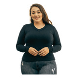 Blusa Gola V Lã Trico Plus Size Sueter Feminino Estica Ate52