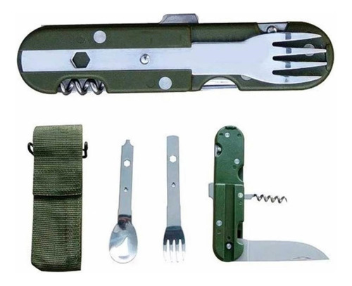 Set Cubierto Plegable Tenedor Cuchillo Cuchara Supervivencia Color Verde