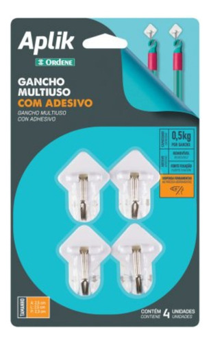 Gancho Adesivo Com Metal Parede Com 4 Ganchinhos Até 0,5kg 