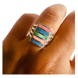 Anillo Rectángulo Multicolor Nacar. Plata  925