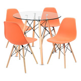 Comedor Minimalista Eames Mesa Vidrio + 4 Sillas Naranjas