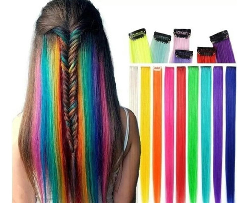 Combo X12 De Tiras De Pelo Sintetico Colores Fantasiaaplique