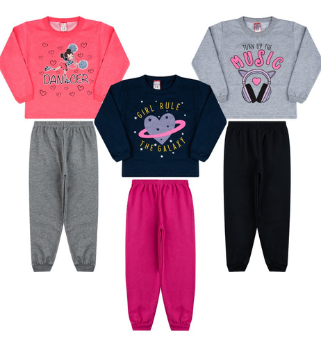 Kit 3 Conjunto Moletom Inverno Confortável Menina Estampado