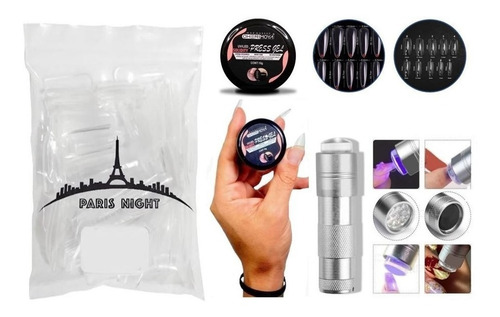 Kit Soft Gel 50 Tips Paris Night + Gel Solido + Linterna Uv.