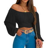 Blusa Crop Top Campesina Casual De Hombros Descubiertos Dama