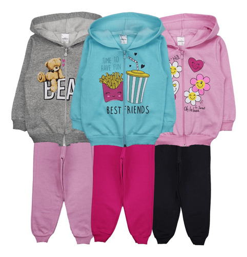 Kit 6 Moletom Infantil Feminino Inverno 3 Blusas + 3 Calças