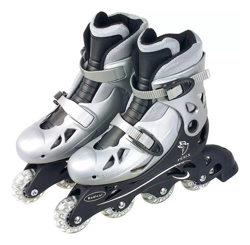 Patins Roller 4 Rodas In-line Ajustável Completo Prata Fenix