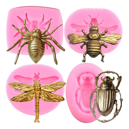 Fondant Molde Silicona Libélula Abeja Araña Escarabajo, 4 Un