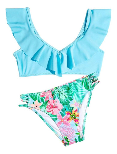 Traje De Baño Bikini 2 Pz Estampado Tropical Niñas 7-14 Años