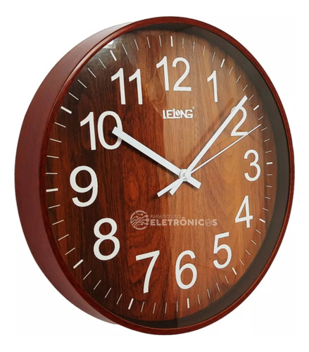Relógio De Parede Grande 30cm Analógico Redondo E Decorativo Estrutura Marrom Fundo Amadeirado