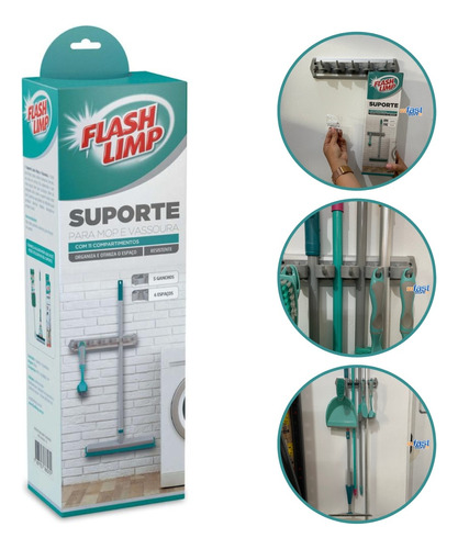 Suporte Vassoura Rodo Mop Organizador 11 Espaços Flash Limp