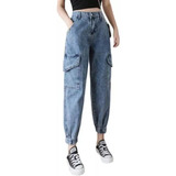 Pantalón Cargo Jeans Para Mujer Con Cintura Alta, Bolso Gran