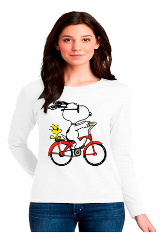 Polera Manga Larga 100% Algodón Snoopy En Bicicleta 500