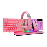 Combo Teclado Mouse Auricular Y Pad Rosa Led Rgb Noga 411