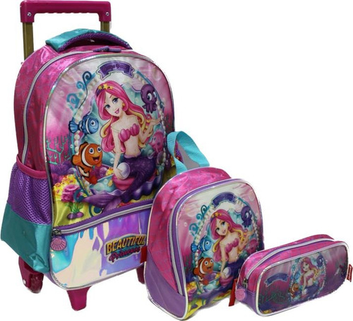 Kit Mochila Escolar Beautifull Princess Sereia Rodinha Tam G