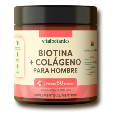 Colágeno Hidrolizado Para Hombres + Biotina 60 Capsulas De 500mg Mens Biotn + Collagn | Colágeno Hidrolizado + Biotina Con Vitamina A, D, E, B5, B9, Calcio, Magnesio, Zinc Y Colágeno | Vitalbotanics | Meses sin interés