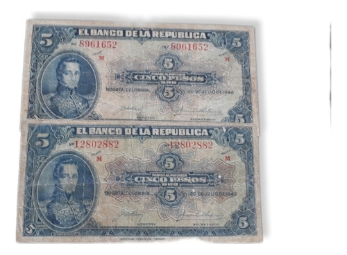 Colombia 2 Billetes De 5 Pesos Oro  1940  7 Y 8 Digitos