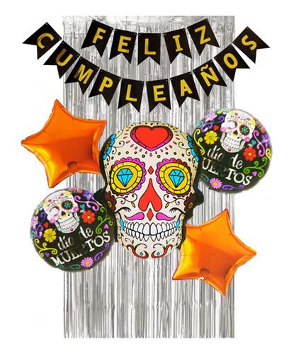 Kit Globos Metalizados Calavera Decoracion Fiesta Mexicana