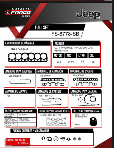 Kit De Empacaduras Jeep Cj5 Cj7 Wagoneer Motor 258 Foto 2