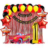 Kit Globos Decoración Cars Carros Rojo Dorado Cortina