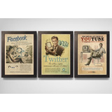 Kit 3 Quadros Poster Com Moldura Facebook Youtube Twitter A3