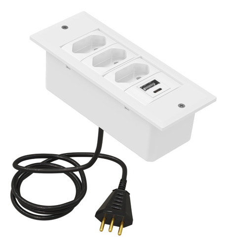 Régua Bancada C/3 Tomada 10a Usb 15w + Usb-c 20w E Cabo Plug