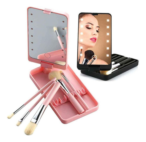 Estuche De Espejo Led De Maquillaje Rotativo Con Brochas