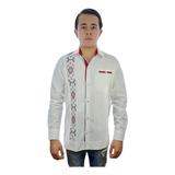 Guayabera De Lino Manga Larga Bordada Yucateca Modelo Alex