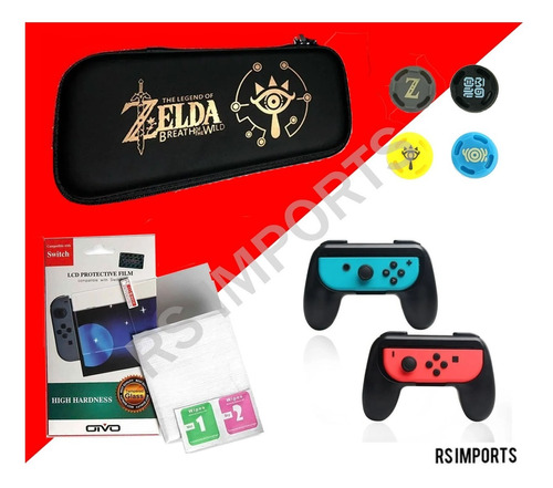 Kit Case+pelicula Vidro+suporte Joycon+4 Grip Nintendo Swich